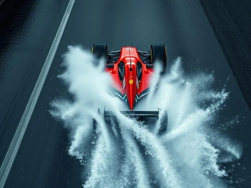 Dois carros de Fórmula 1 modernos correndo sob chuva forte, com o carro da frente criando um spray de água enorme que esconde o carro de trás.