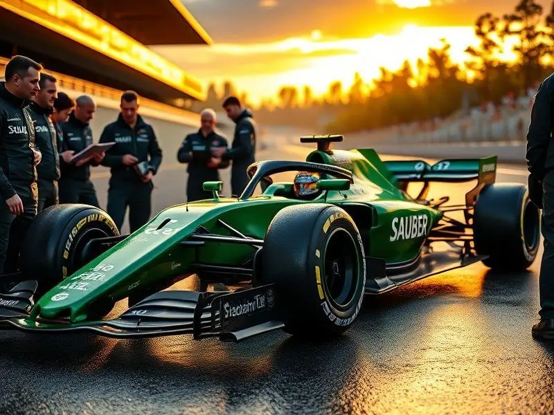 Imagem ultrarrealista de um carro de Fórmula 1 da Sauber no pit lane de Zandvoort, Holanda, com engenheiros olhando para o carro.