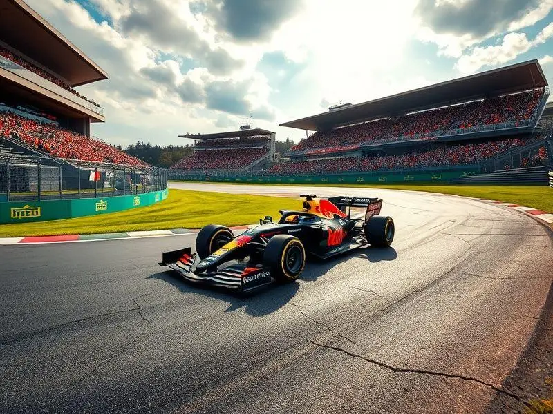 Um carro de Fórmula 1 da Red Bull Racing, pilotado por Max Verstappen, em alta velocidade no Circuito de Zandvoort, Holanda, com torcedores com bandeiras laranja ao fundo.
