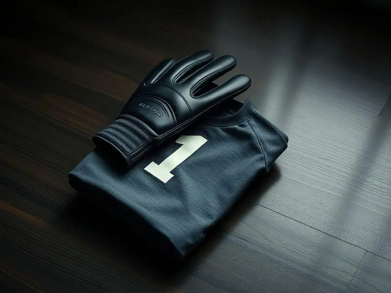 Um par de luvas de goleiro escuras sobre uma camisa de futebol infantil dobrada, em uma superfície de madeira escura, com iluminação suave.