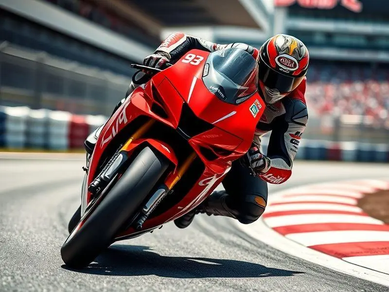 Marc Márquez, de macacão Ducati vermelho e branco com o número 93, inclinando-se em uma curva rápida com sua motocicleta Ducati em uma pista de corrida borrada pelo movimento.