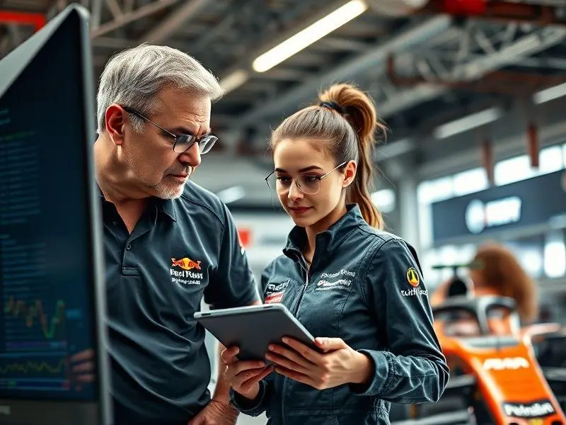Um homem de meia-idade e uma jovem mulher em um box de Fórmula 1, observando um monitor. O homem aponta para a tela, enquanto a mulher escuta atentamente, ambos usando uniformes de equipe.
