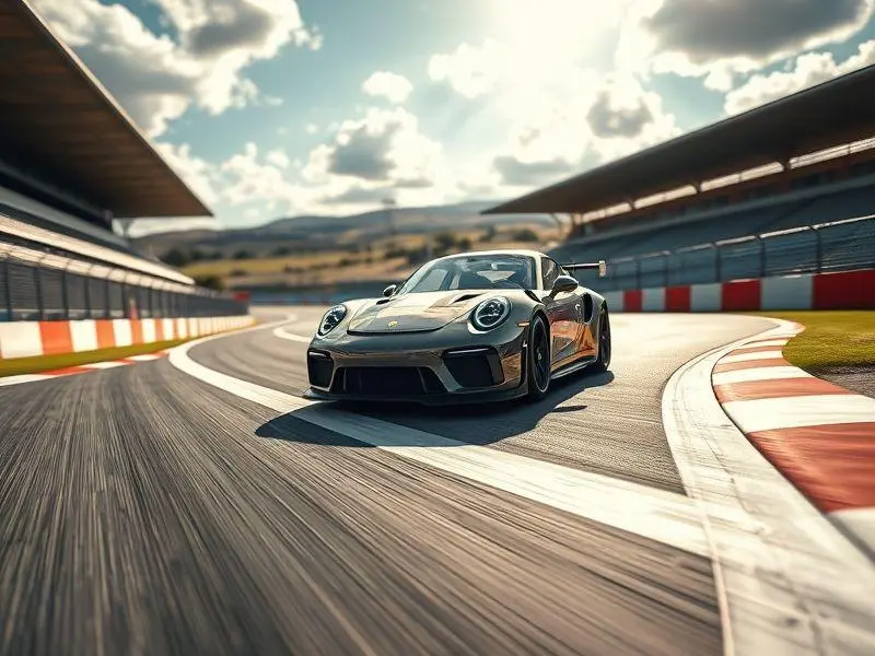 Porsche Cup preto e vermelho, no momento da vitória, em alta velocidade, cruzando a linha de chegada no autódromo do Estoril.