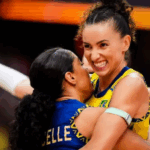 Fotografia ultrarrealista de jogadoras da seleção feminina de vôlei do Brasil celebrando em quadra, com iluminação dramática.