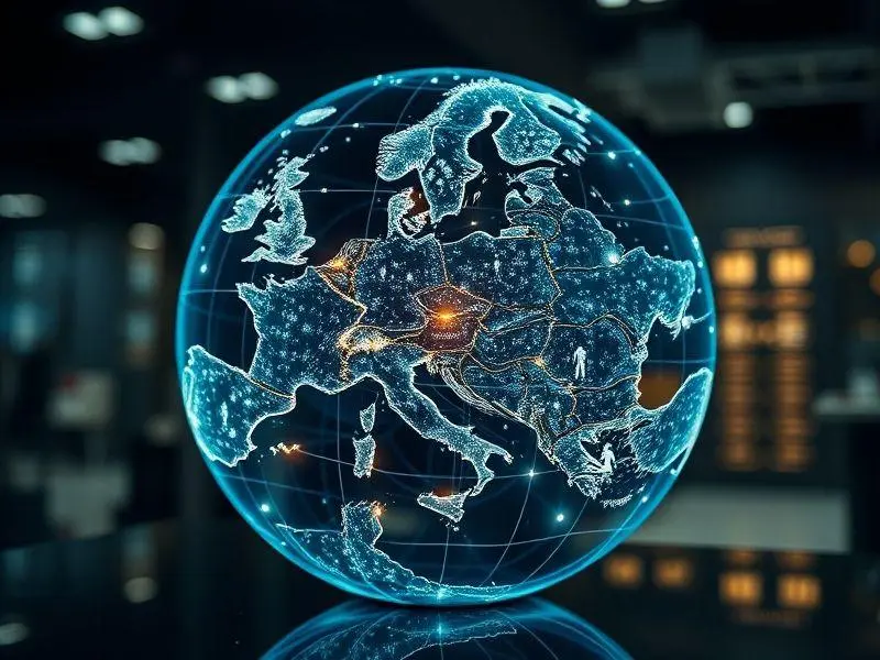 Globo holográfico com linhas luminosas conectando países e dados de transferências de futebol, focado na Europa. Representa o mercado global.
