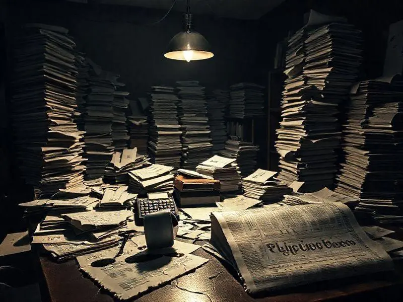 Mesa de contabilidade desordenada com documentos e caneca de café, um jornal com a manchete 'Corinthians: Milhões Perdidos' é o foco em uma imagem ultrarrealista.