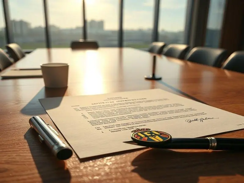 Uma imagem ultrarrealista de um documento de acordo em uma mesa, com uma caneta e o distintivo do Corinthians, simbolizando o parcelamento da dívida com Matías Rojas.