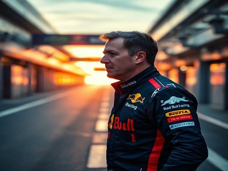 Christian Horner, ex-chefe da Red Bull Racing, caminhando sozinho em um pit lane com iluminação do pôr do sol e sombras longas.