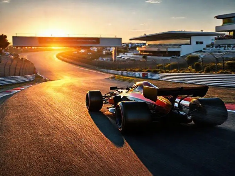 Carro de Fórmula 1 em alta velocidade no circuito de Portimão ao pôr do sol, com arquibancadas cheias de espectadores e céu alaranjado.