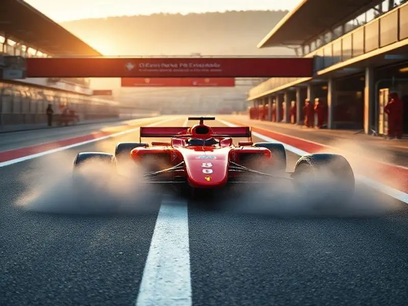 Ferrari F1 2026 vermelha metálica no pit lane de Fiorano ao amanhecer, sem pessoas, destacando o design aerodinâmico.