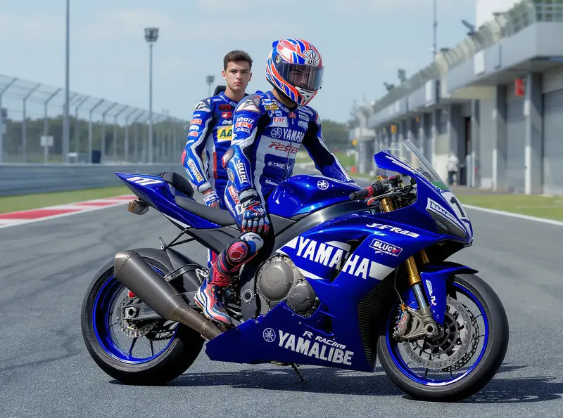Aymon Bocanegra, jovem piloto, em seu macacão Yamaha ao lado de sua moto R3 azul.