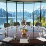 Mesa de sorteio da Champions League em Nyon, Suíça, com troféu e papéis.