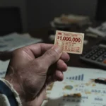 Mão de torcedor do Corinthians segurando bilhete de loteria, com gráficos financeiros ao fundo.