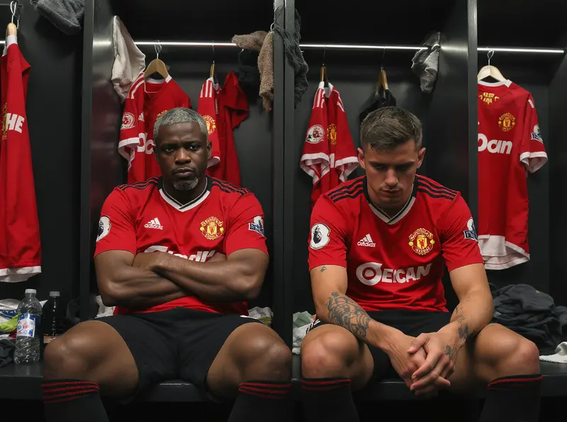 Dois jogadores do Manchester United sentados em um vestiário, com expressões de preocupação.