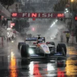 Close-up de Olivier Panis no carro Ligier JS43 cruzando a linha de chegada em Mônaco 1996, debaixo de chuva forte. A pista está molhada e escorregadia, carros acidentados ao fundo.