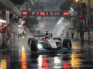 Close-up de Olivier Panis no carro Ligier JS43 cruzando a linha de chegada em Mônaco 1996, debaixo de chuva forte. A pista está molhada e escorregadia, carros acidentados ao fundo.