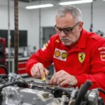 Engenheiro da Ferrari examinando motor em bancada de testes, com dados técnicos. Imagem de engenharia de alta precisão.