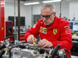 Engenheiro da Ferrari examinando motor em bancada de testes, com dados técnicos. Imagem de engenharia de alta precisão.