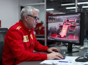 Engenheiro da Ferrari examinando a asa da Mercedes na tela do computador.