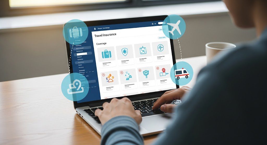 Como cotar e comparar seguro viagem: dicas essenciais para escolher o ideal Pessoa comparando planos de seguro viagem em plataforma online. Imagem criada com IA