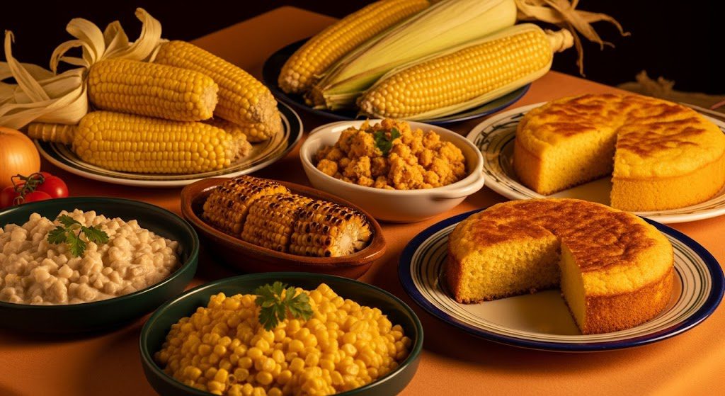 Culinária Junina: sabores típicos do São João na Paraíba Mesa com diversos pratos da culinária junina paraibana, incluindo canjica, e milho verde, celebrando o São João. Imagem criada com IA