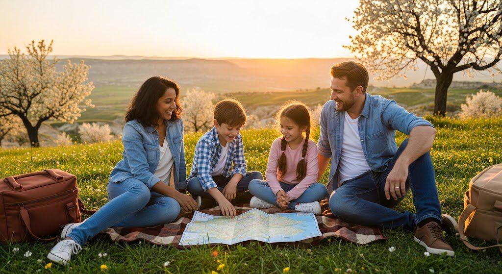 Viagem com crianças 2025: famílias buscam atividades e acomodações caseiras Família com crianças viajando. Imagem criada com IA